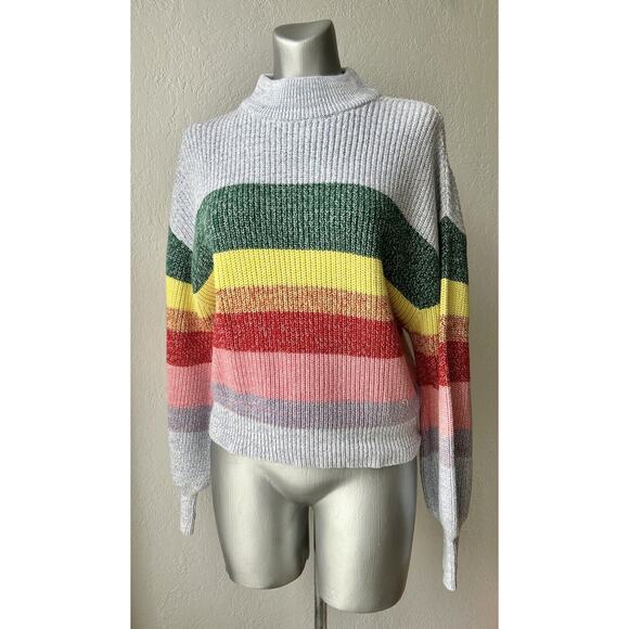 MONKI Mock Neck Sweater Top Colorful Bright Fun Cotton Stripe Women’s Small - Picture 1 of 7